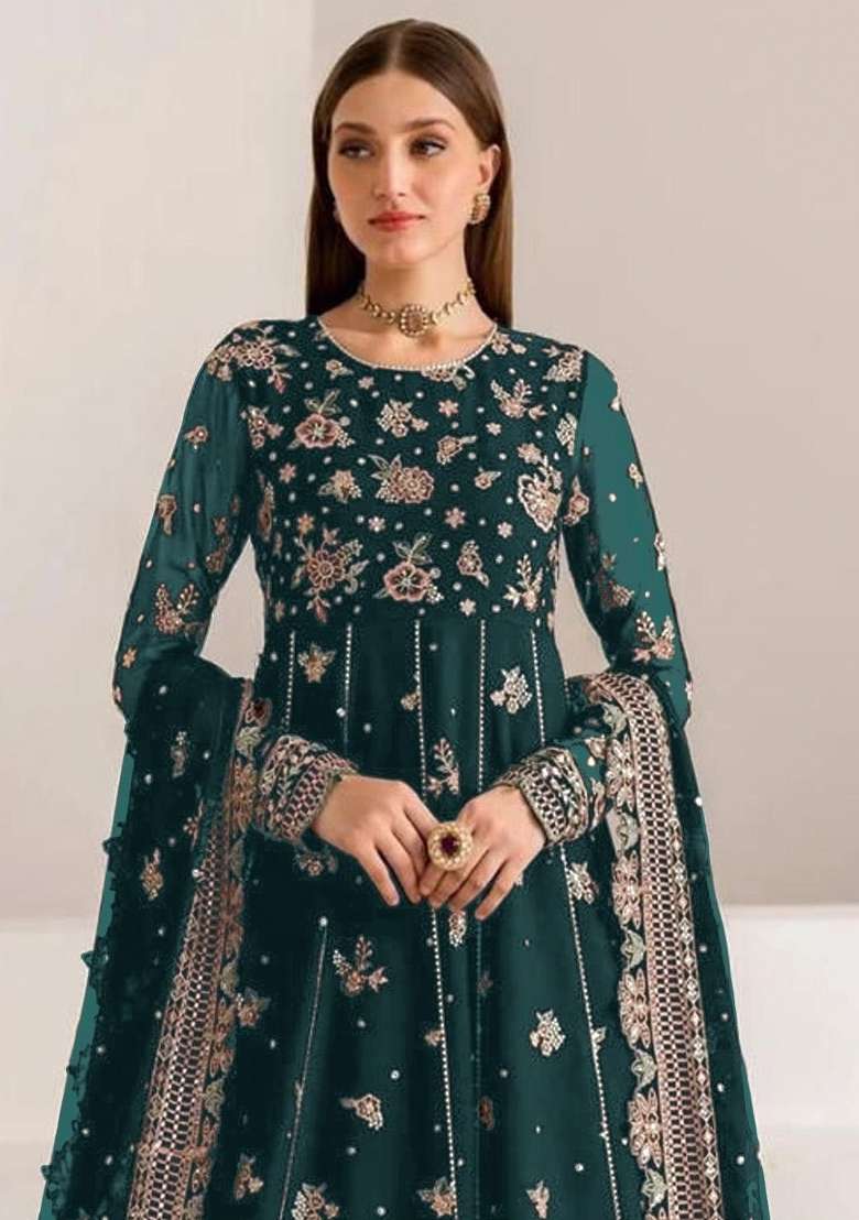 Teal Green Embroidered Georgette Anarkali Set - Indya