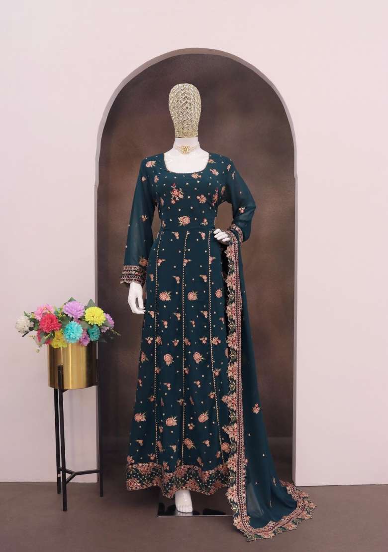 Teal Green Embroidered Georgette Anarkali Set - Indya