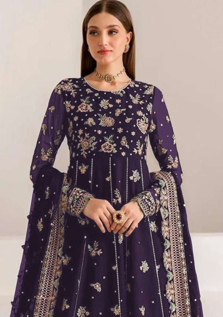 Purple Embroidered Georgette Anarkali Set - Indya