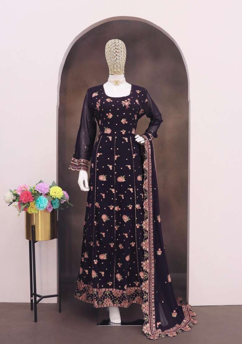 Purple Embroidered Georgette Anarkali Set - Indya