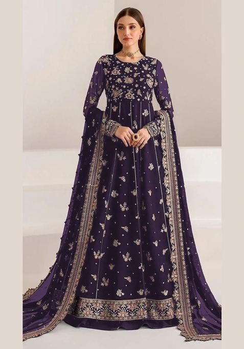 Purple Embroidered Georgette Anarkali Set