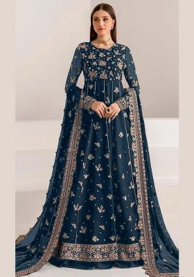 Navy Blue Embroidered Georgette Anarkali Set