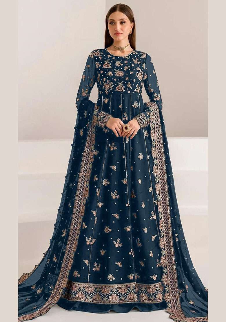 Navy Blue Embroidered Georgette Anarkali Set - Indya