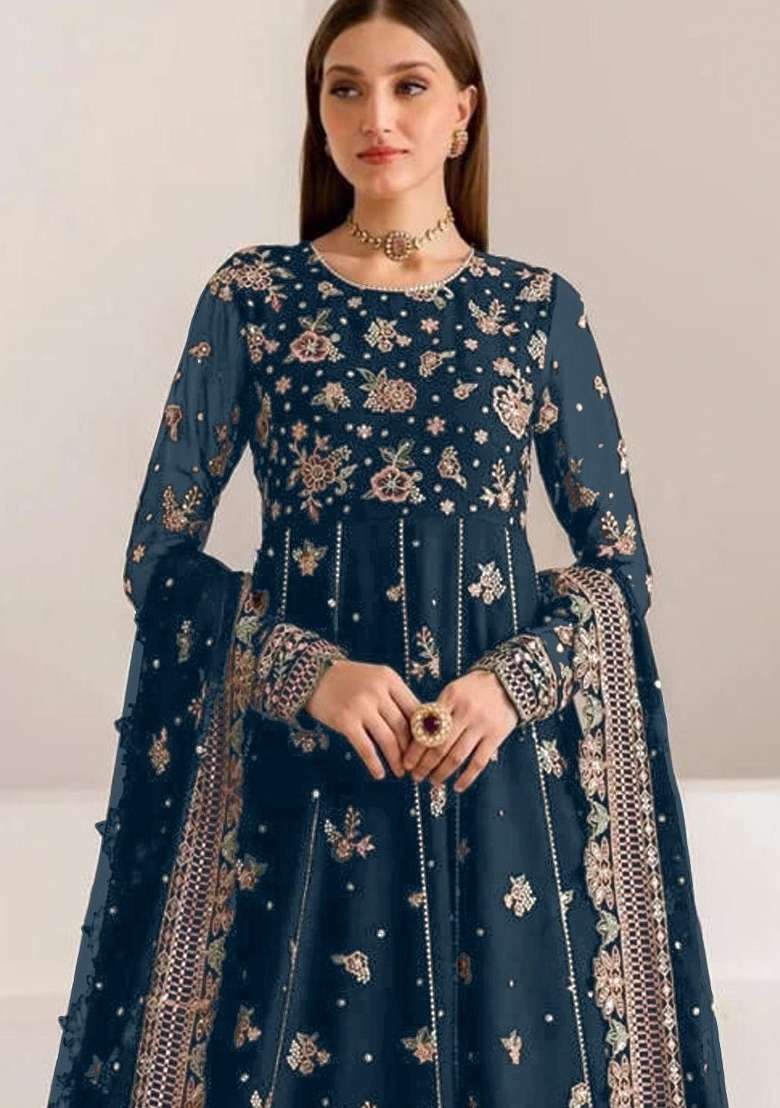 Navy Blue Embroidered Georgette Anarkali Set - Indya