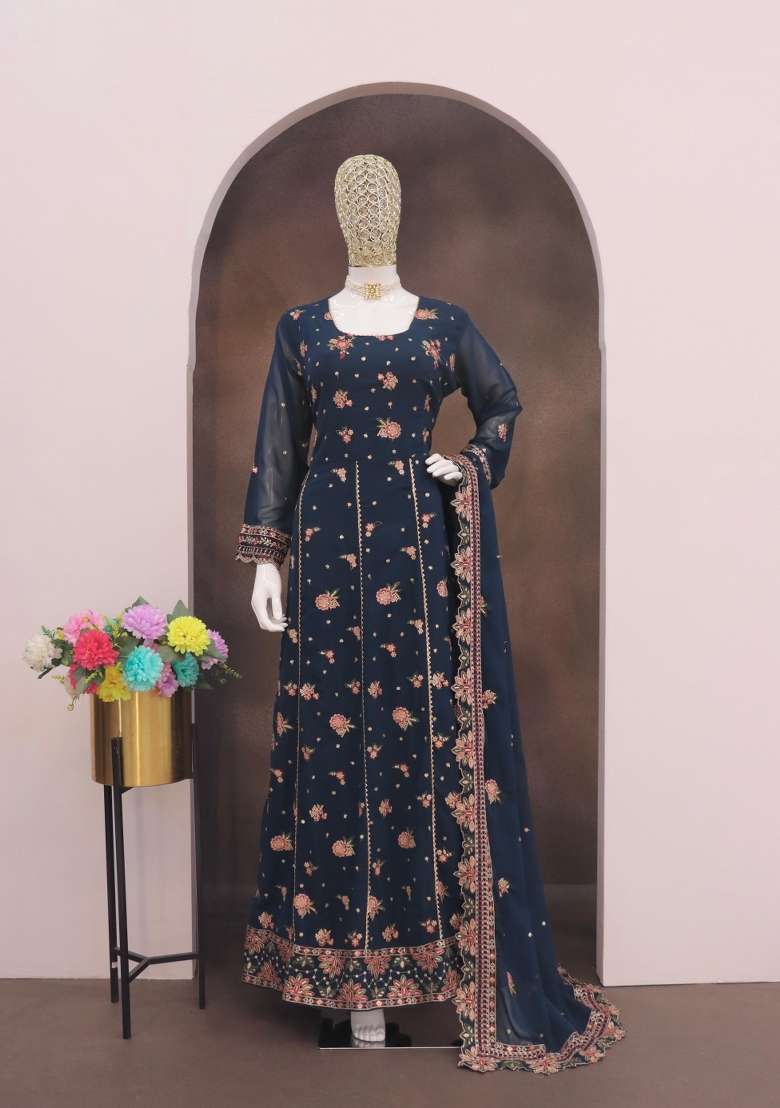 Navy Blue Embroidered Georgette Anarkali Set - Indya