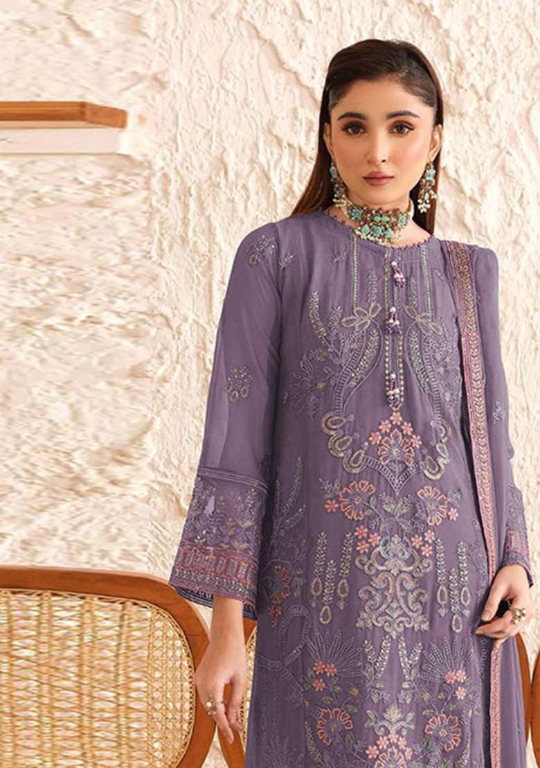 Purple Embroidered Georgette Salwar Kameez - Indya