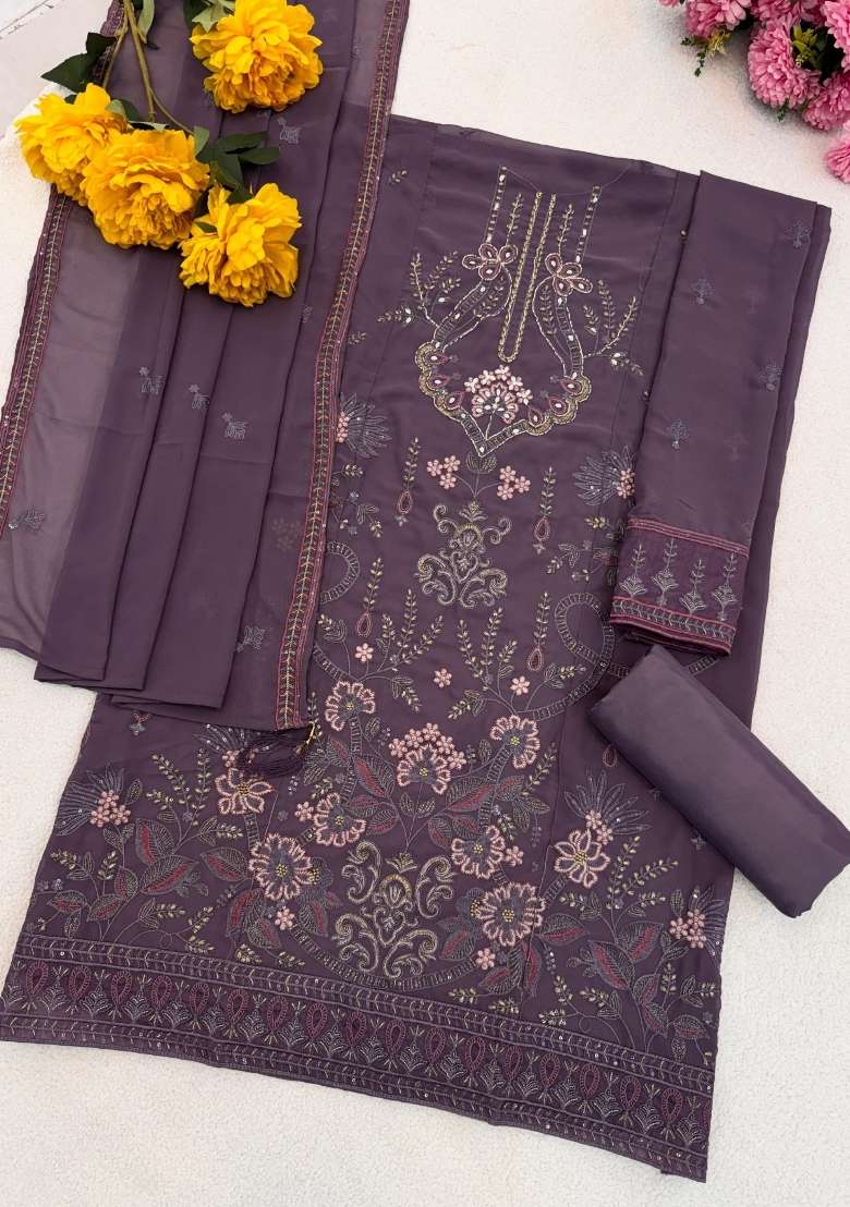 Purple Embroidered Georgette Salwar Kameez - Indya