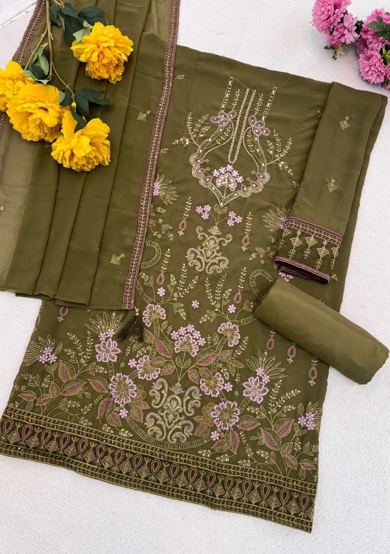 Mehendi Embroidered Georgette Salwar Kameez - Indya