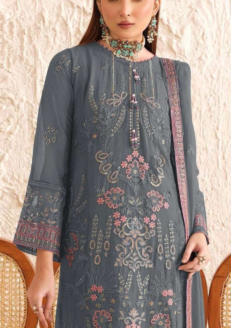 Blue Embroidered Georgette Salwar Kameez - Indya