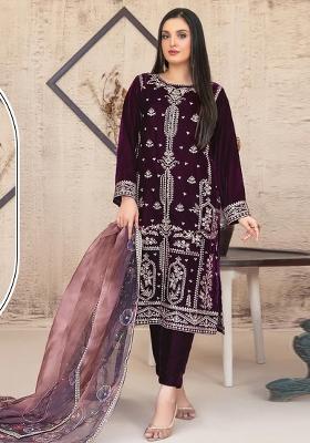 Purple Embroidered Velvet Pakistani Suit