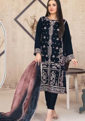 Navy Blue Embroidered Velvet Pakistani Suit