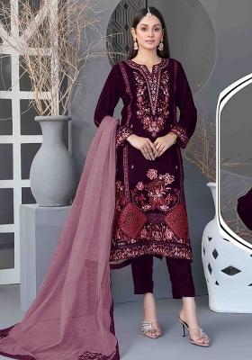 Purple Embroidered Velvet Pakistani Suit