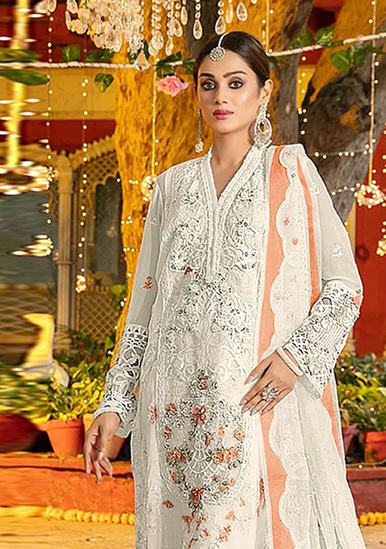 White Embroidered Chiffon Salwar Kameez - Indya