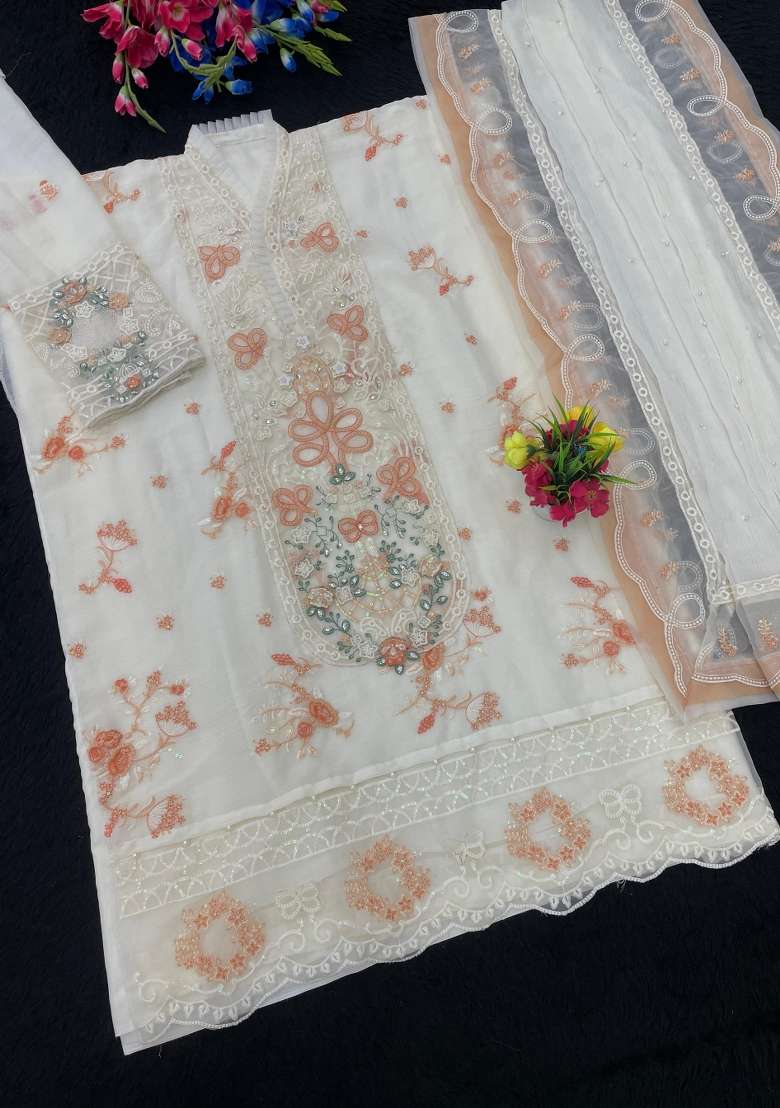 White Embroidered Chiffon Salwar Kameez - Indya