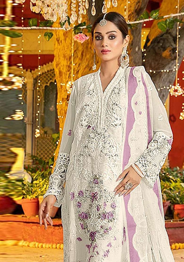 White Embroidered Chiffon Salwar Kameez - Indya