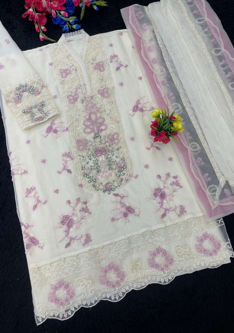 White Embroidered Chiffon Salwar Kameez - Indya