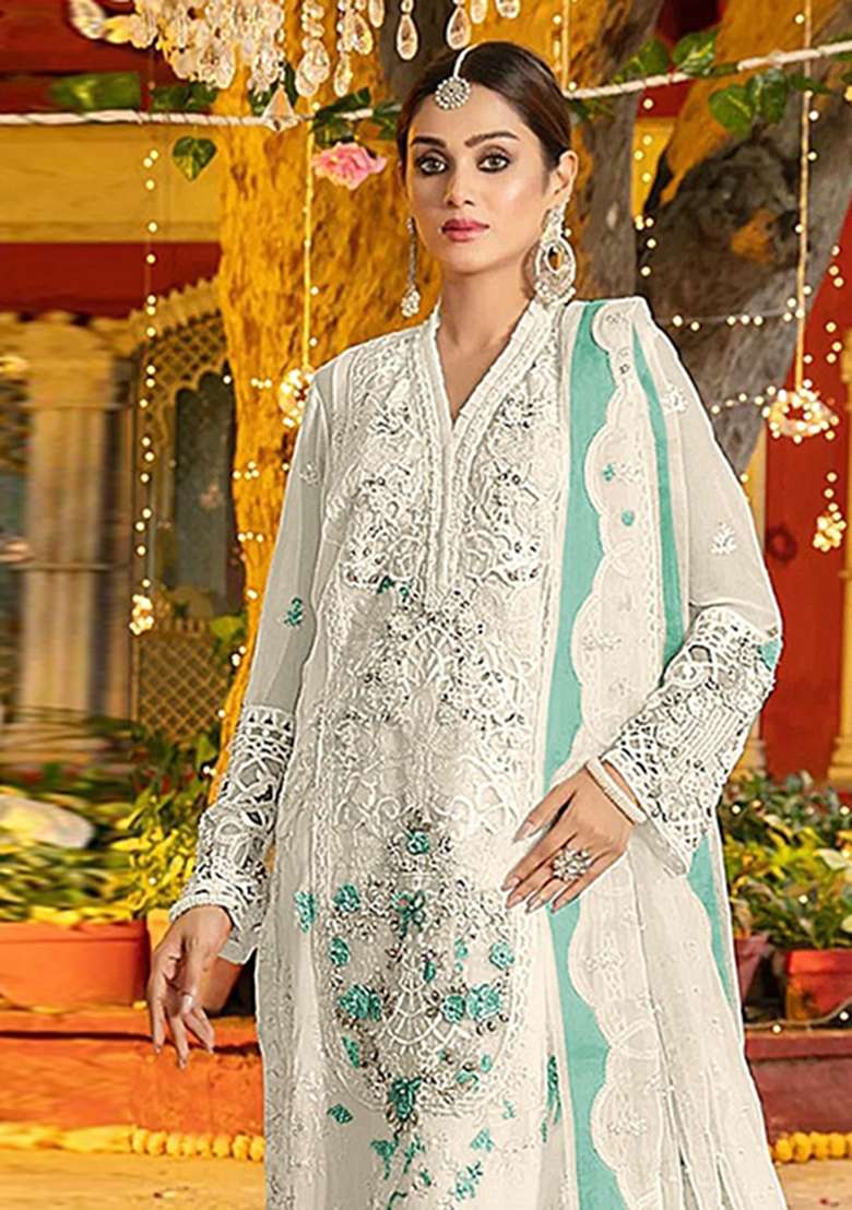White Embroidered Chiffon Salwar Kameez - Indya