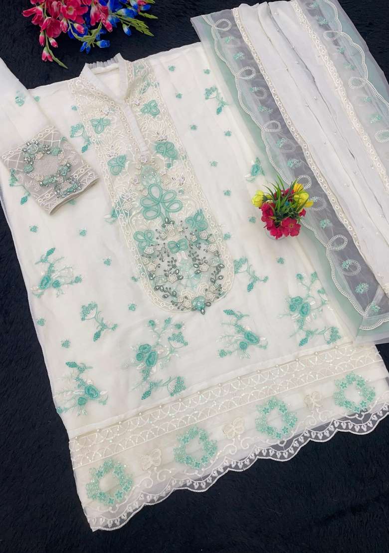 White Embroidered Chiffon Salwar Kameez - Indya