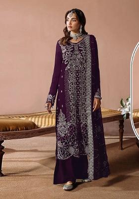 Purple Embroidered Velvet Pakistani Suit