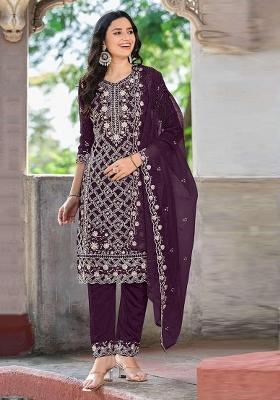 Purple Embroidered Chiffon Salwar Kameez