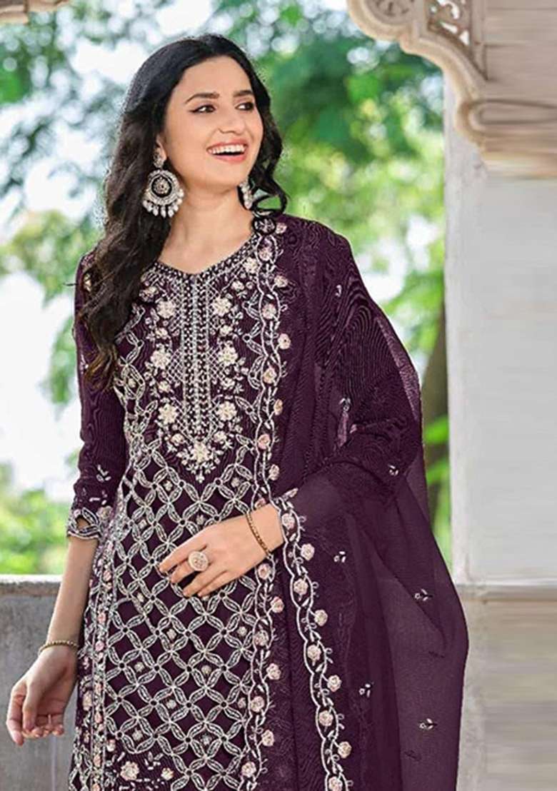 Purple Embroidered Chiffon Salwar Kameez - Indya