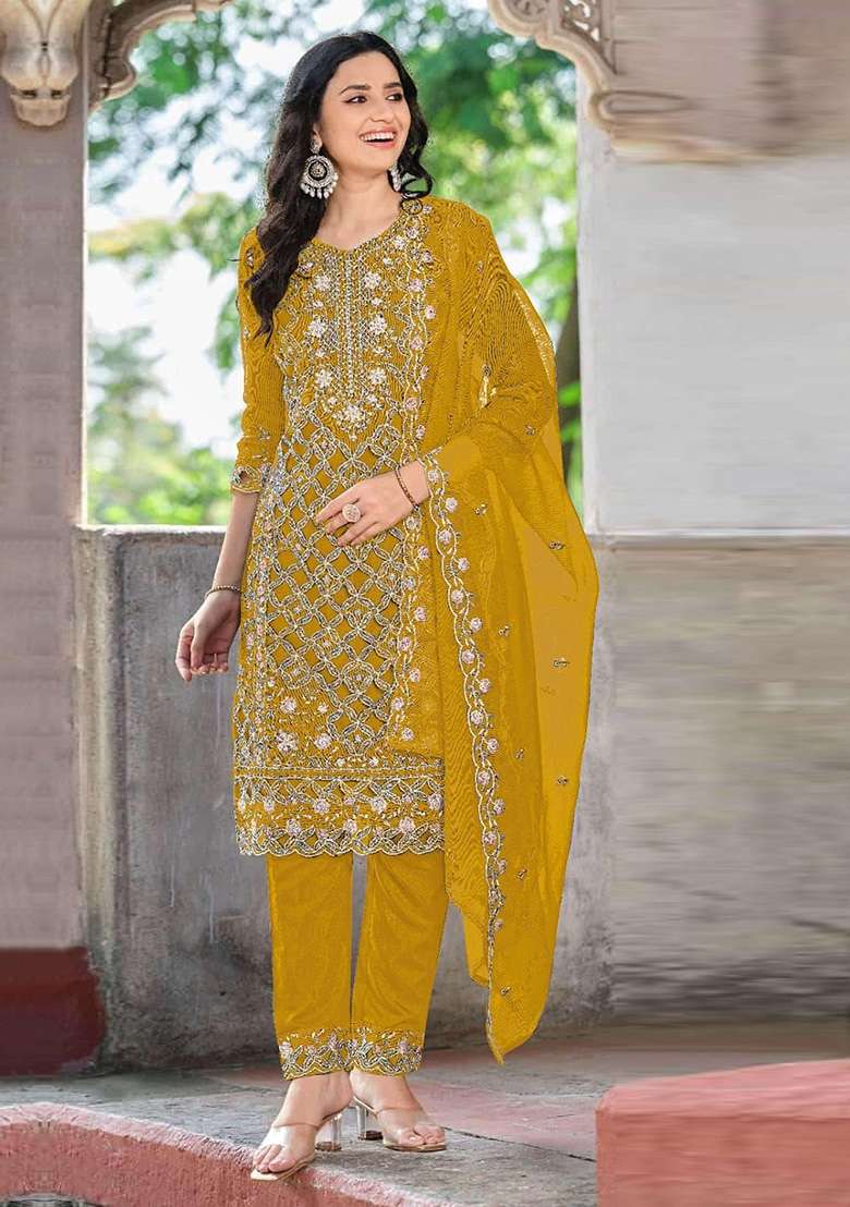Yellow Embroidered Chiffon Salwar Kameez - Indya