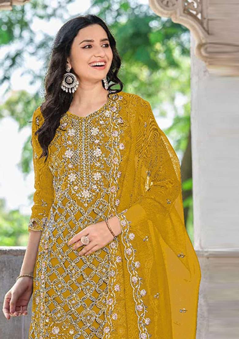 Yellow Embroidered Chiffon Salwar Kameez - Indya