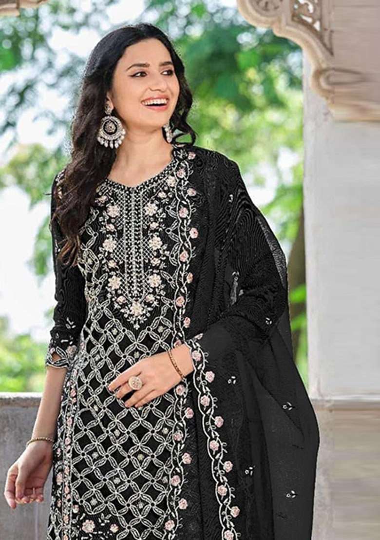 Black Embroidered Chiffon Salwar Kameez - Indya