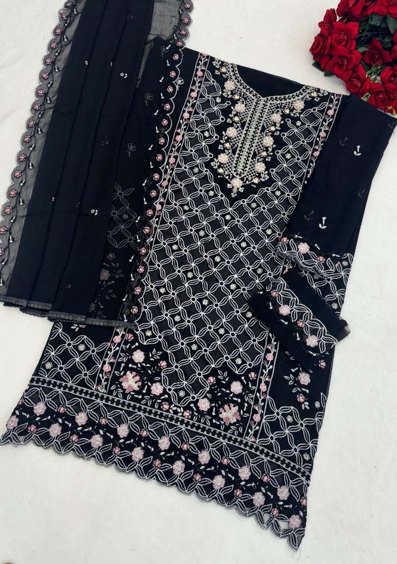Black Embroidered Chiffon Salwar Kameez - Indya