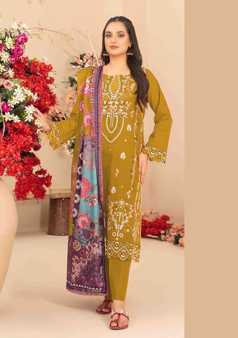 Yellow Embroidered Cambric Salwar Kameez - Indya