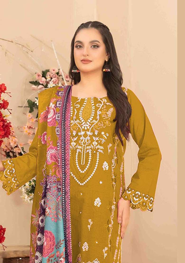 Yellow Embroidered Cambric Salwar Kameez - Indya