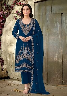 Teal Blue Embroidered Velvet Pakistani Suit