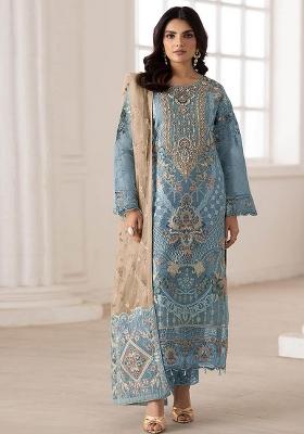 Blue Embroidered Silk Blend Salwar Kameez