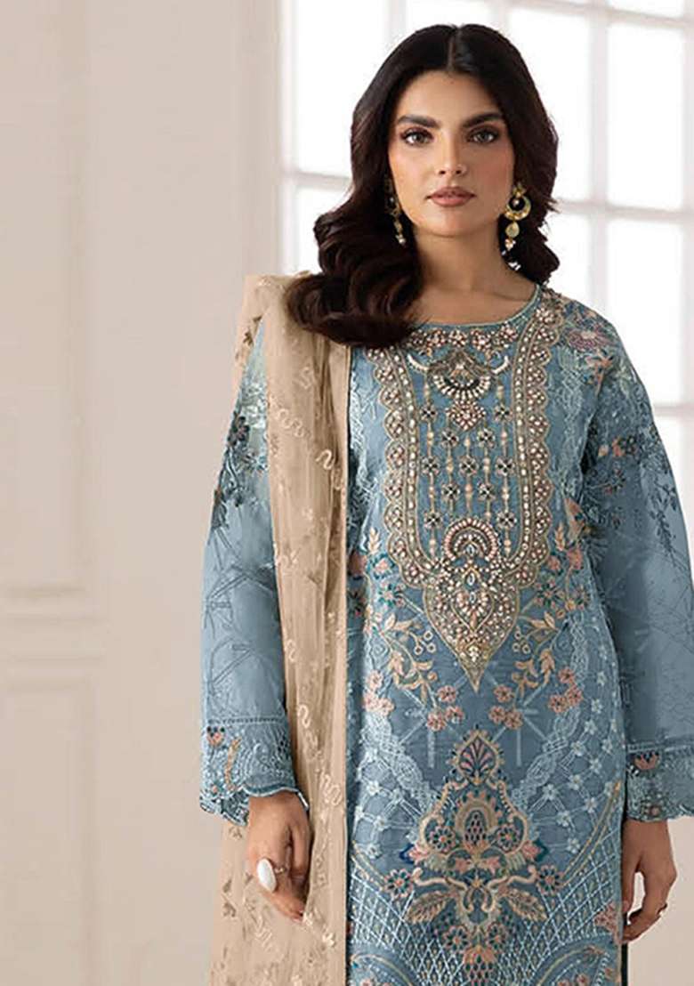 Blue Embroidered Silk Blend Salwar Kameez - Indya