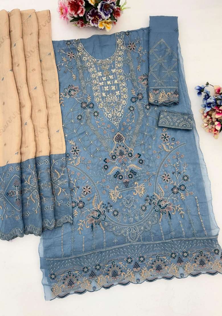 Blue Embroidered Silk Blend Salwar Kameez - Indya