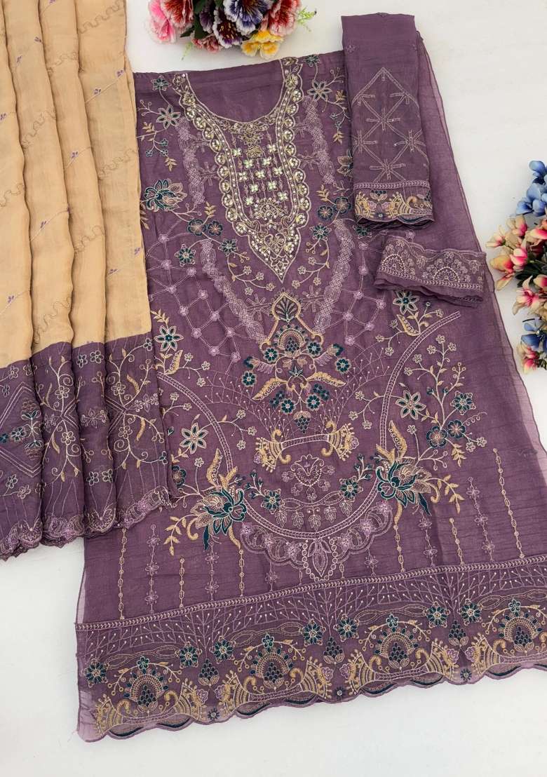 Purple Embroidered Silk Blend Salwar Kameez - Indya