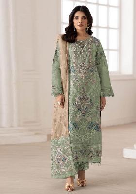 Green Embroidered Silk Blend Salwar Kameez
