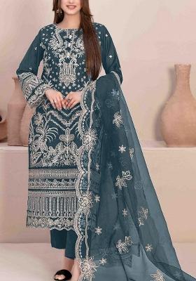Teal Blue Embroidered Georgette Pakistani Suit
