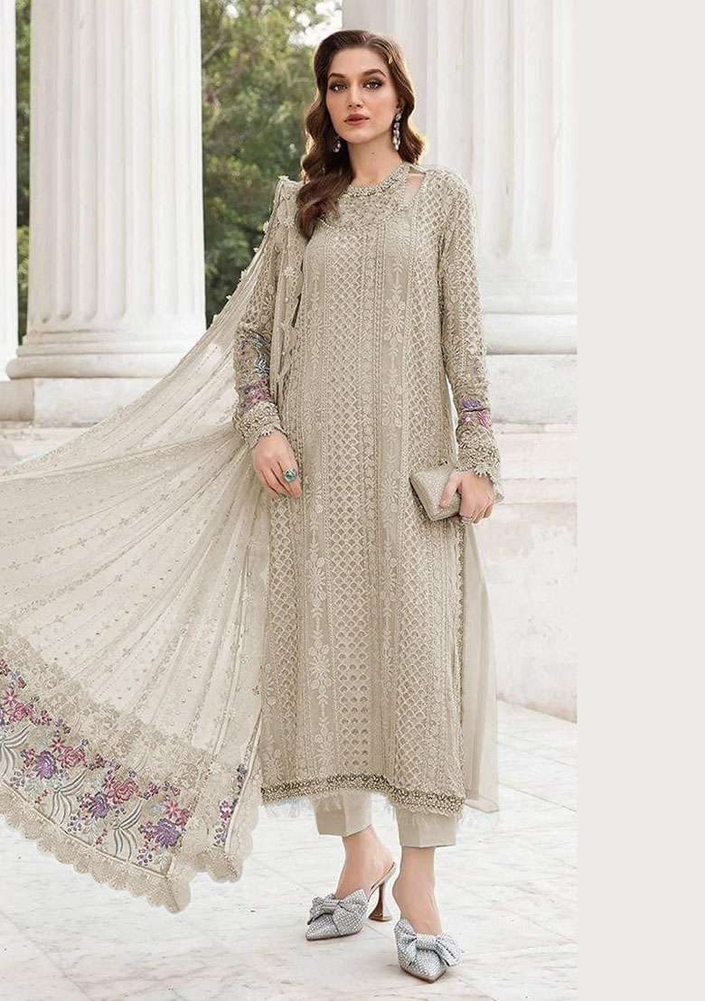 Cream Embroidered Georgette Salwar Kameez - Indya