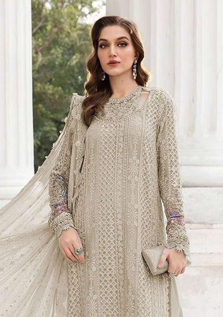 Cream Embroidered Georgette Salwar Kameez - Indya