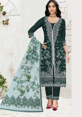 Dark Green Embroidered Cotton Salwar Kameez