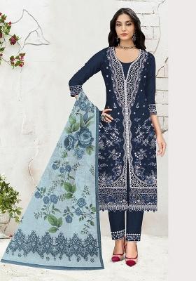 Navy Blue Embroidered Cotton Salwar Kameez