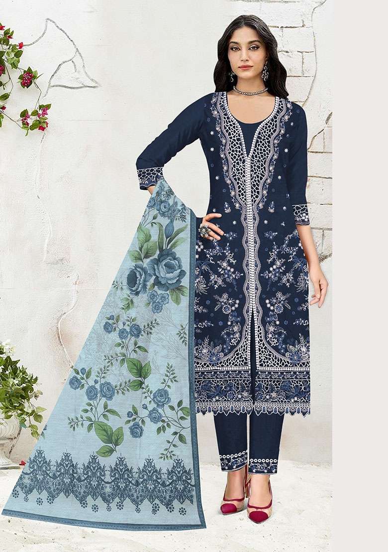 Navy Blue Embroidered Cotton Salwar Kameez - Indya