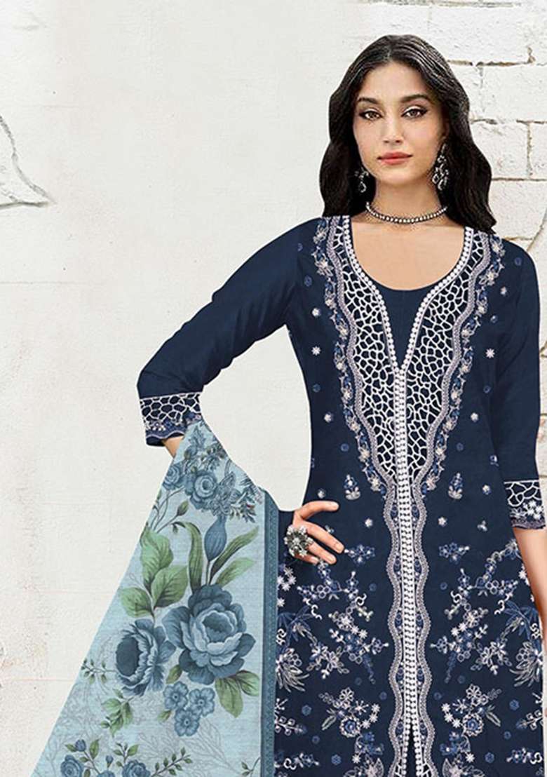 Navy Blue Embroidered Cotton Salwar Kameez - Indya