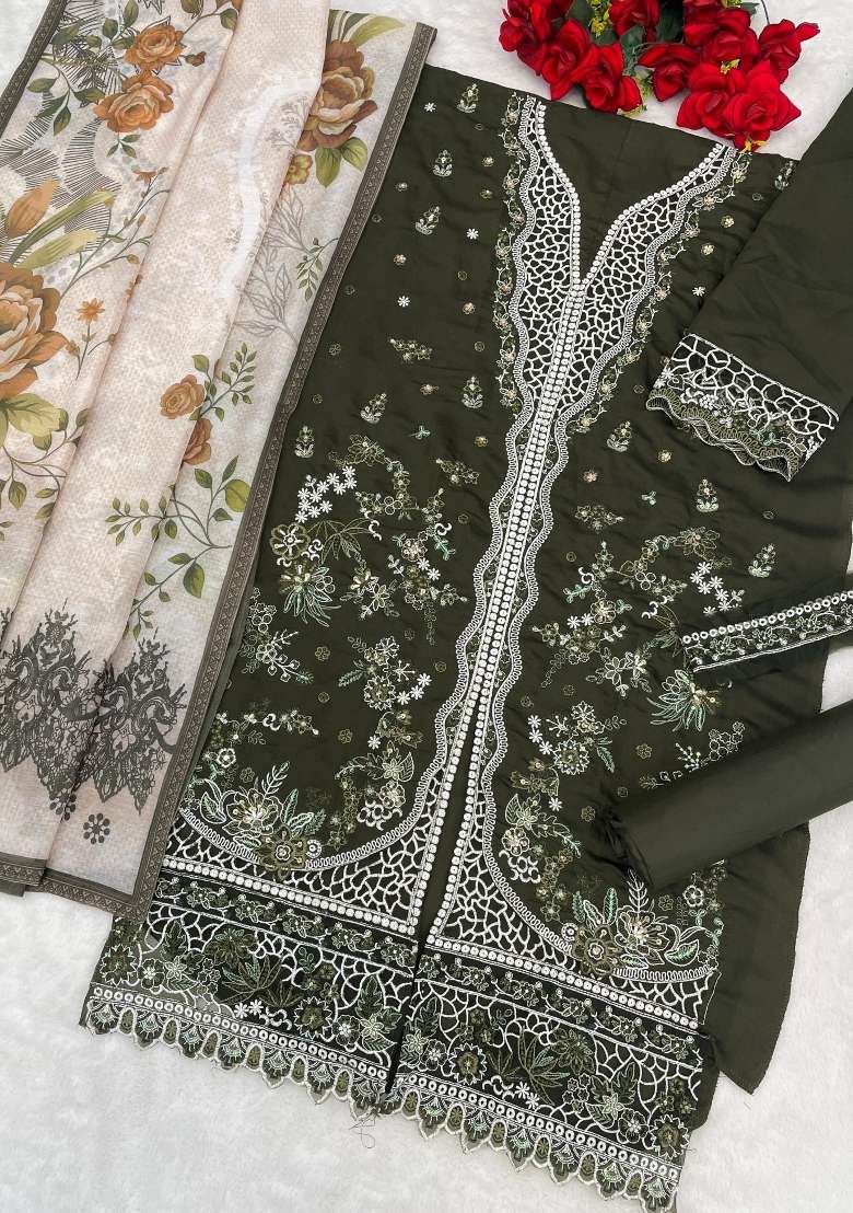 Mehendi Embroidered Cotton Salwar Kameez - Indya