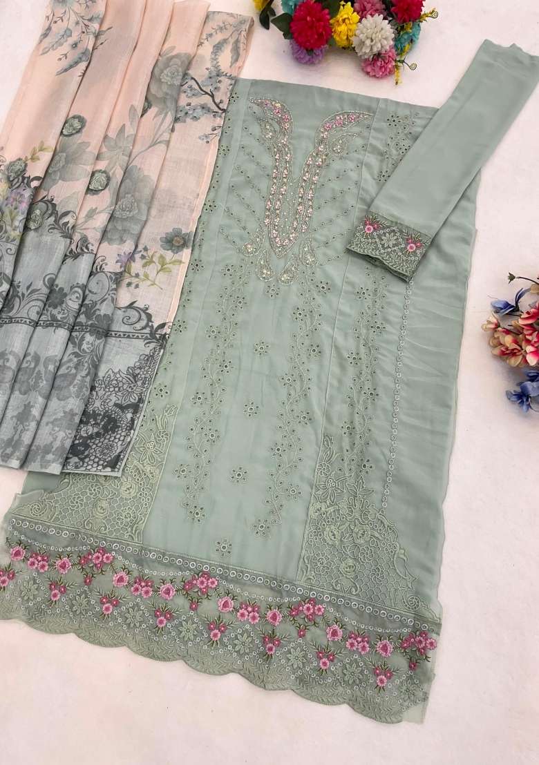 Sky Blue Embroidered Georgette Salwar Kameez - Indya