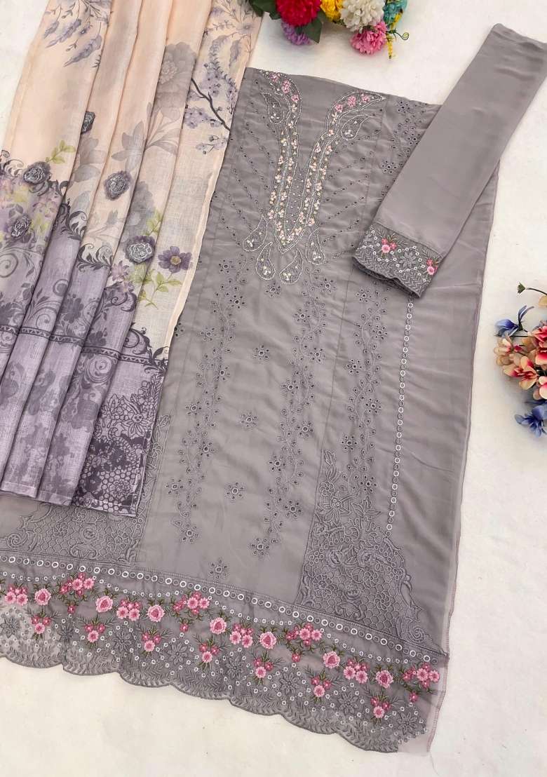 Grey Embroidered Georgette Salwar Kameez - Indya