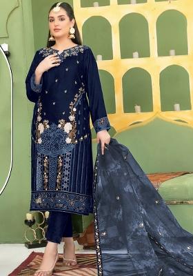 Navy Blue Embroidered Velvet Pakistani Suit