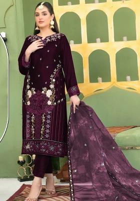 Purple Embroidered Velvet Pakistani Suit