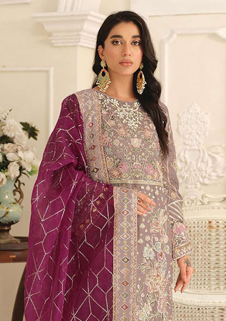 Brown Embroidered Chiffon Salwar Kameez - Indya